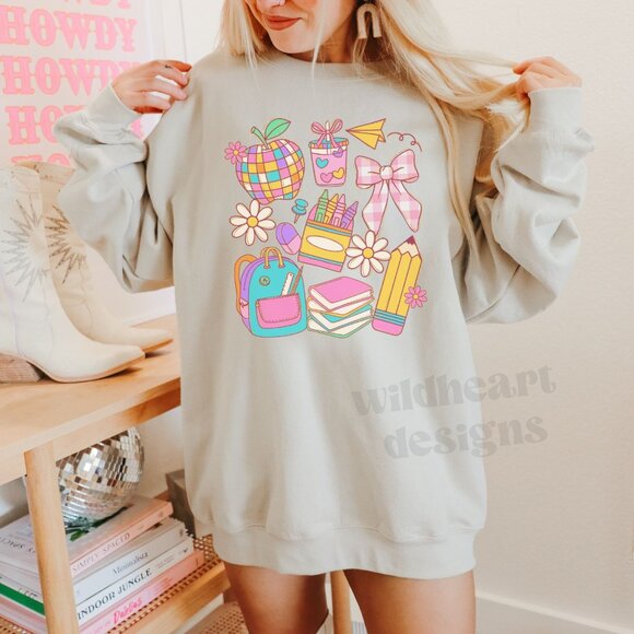 Retro Teacher Sweatshirt, Teacher Shirt, Back To School - Sand - Picture 2 of 4